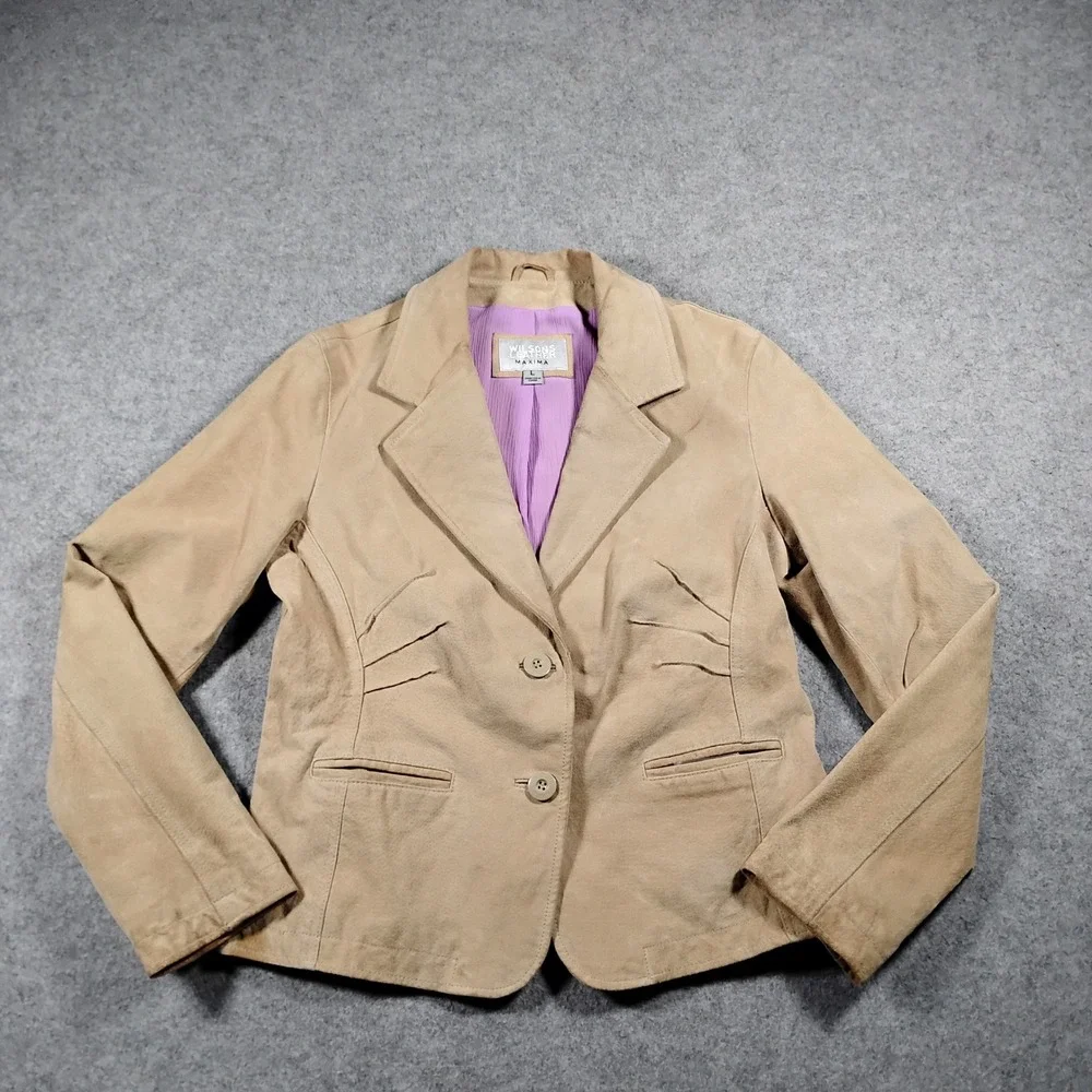 Wilsons Leather Maxima Suede Blazer Jacket Women's Large Tan Beige Vintage Y2K